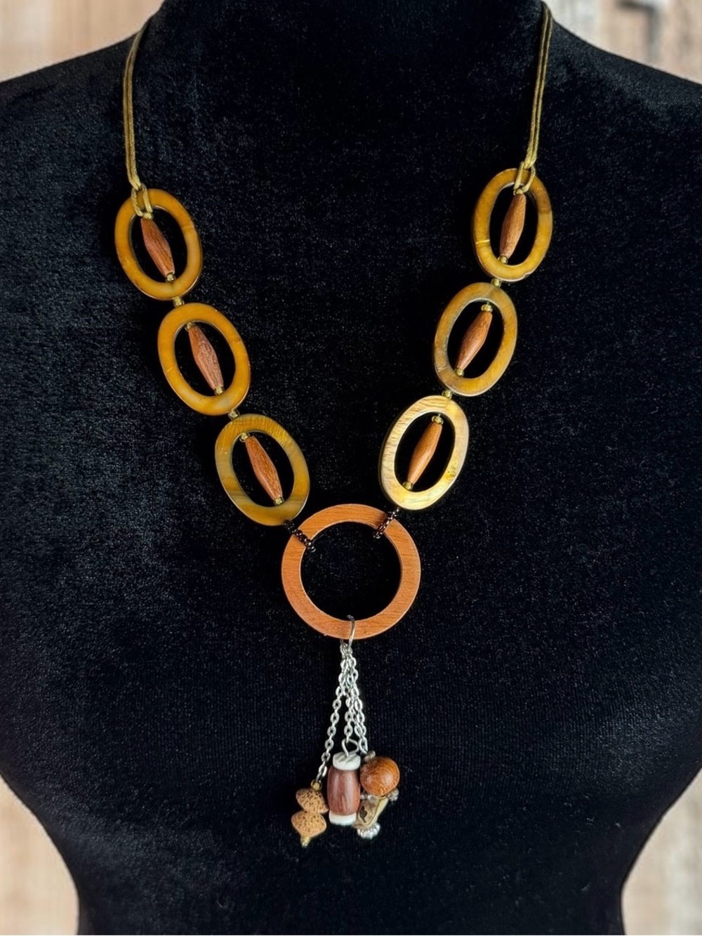 Boho Wood Amber Tone Statement Necklace Brown Mixed Media Dangle Adjustable
